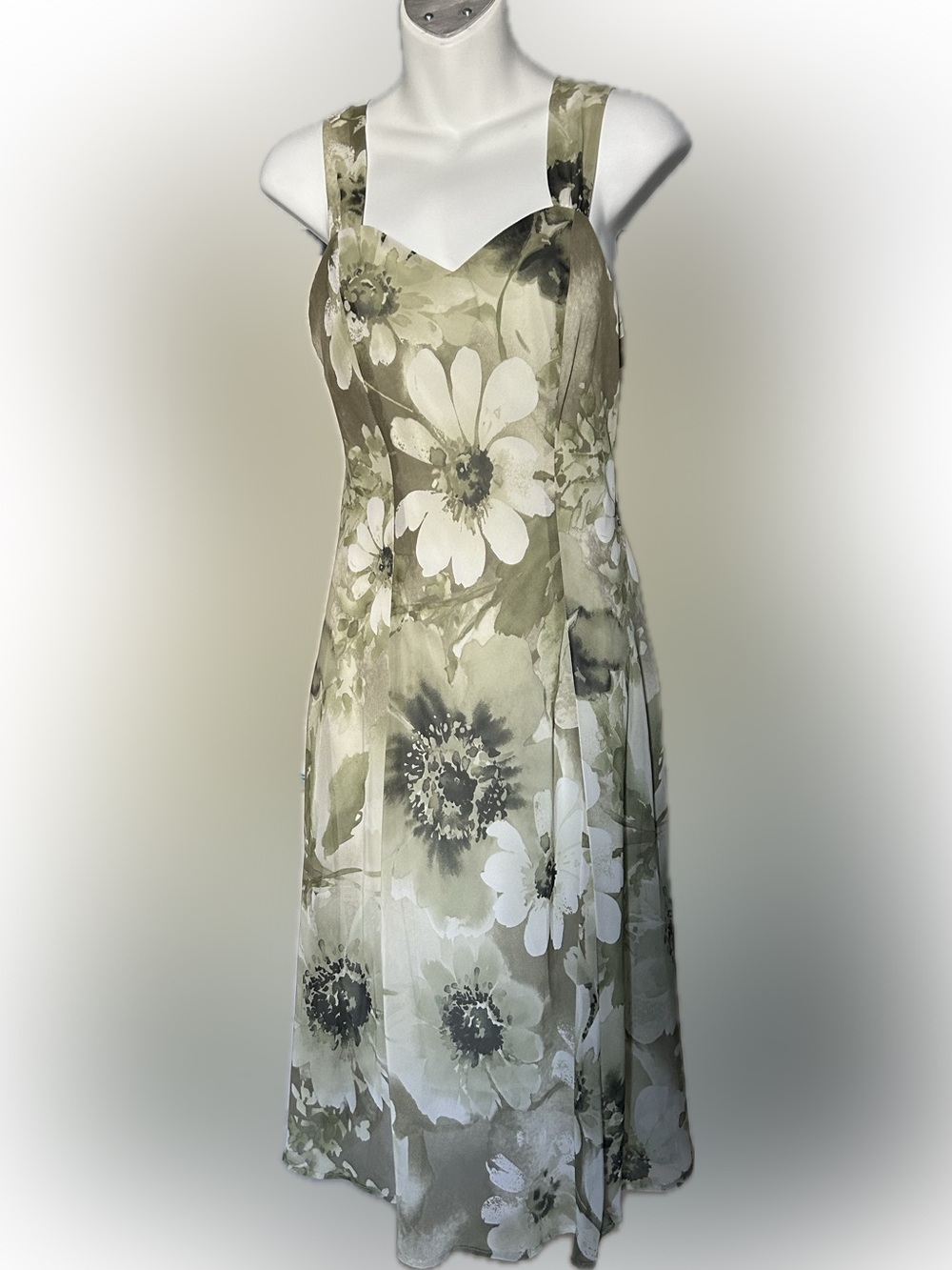 Connected Apparel Olive Green and White Floral Midi Dress